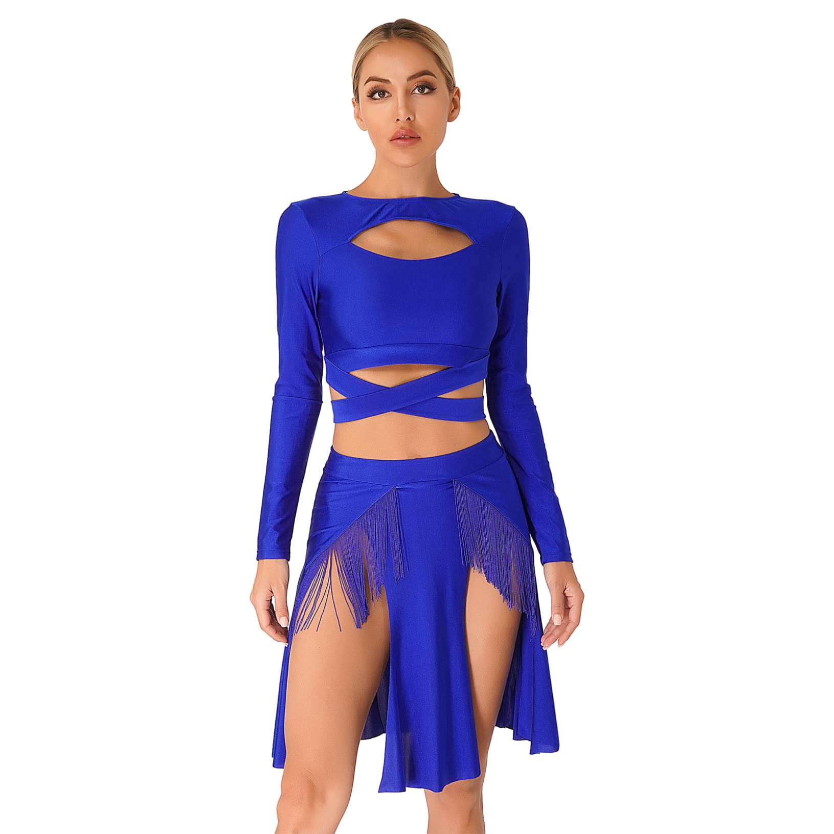 Yeahdor Women Latin Modern Dance Stage Performance Costume Long Sleeve Cutout Top with Split Tassel Skirt 2Pcs Suit Royal Blue XX-Large