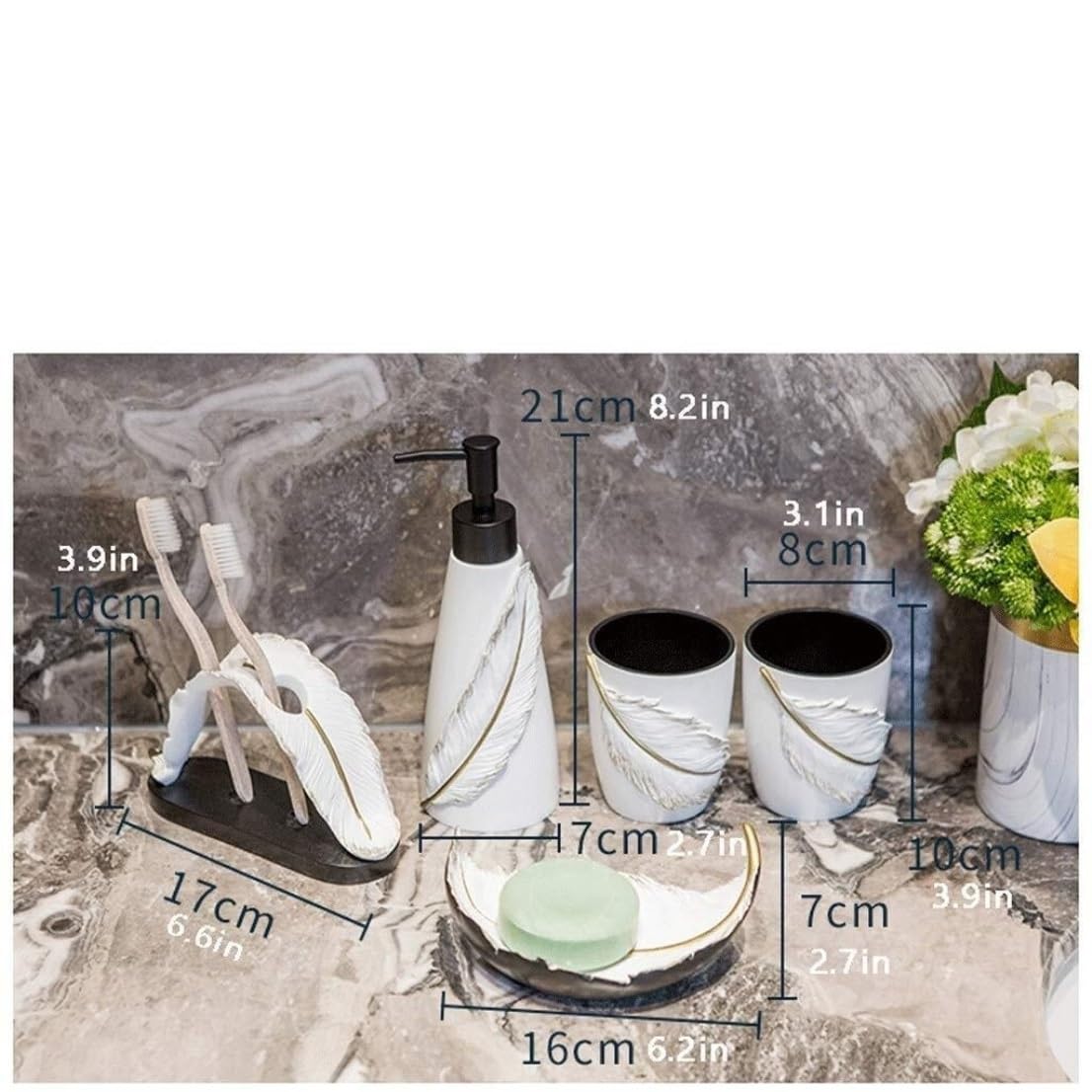 Decoracion Baño Encimera Baño Juego De Accesorios De Baño De 6 Paquetes con Bomba De Jabón Líquido, Soporte para Cepillo De Dientes, Jabonera Utensilios Baño