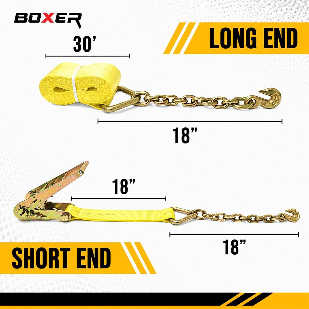 BOXER USA Made 4” x 30’ Heavy Duty Ratchet Tie Down with Chain Hooks, Breaking Strength 16,200LBS, Flatbeds, Trailer, Tie Down, Trucking (2 Pack)