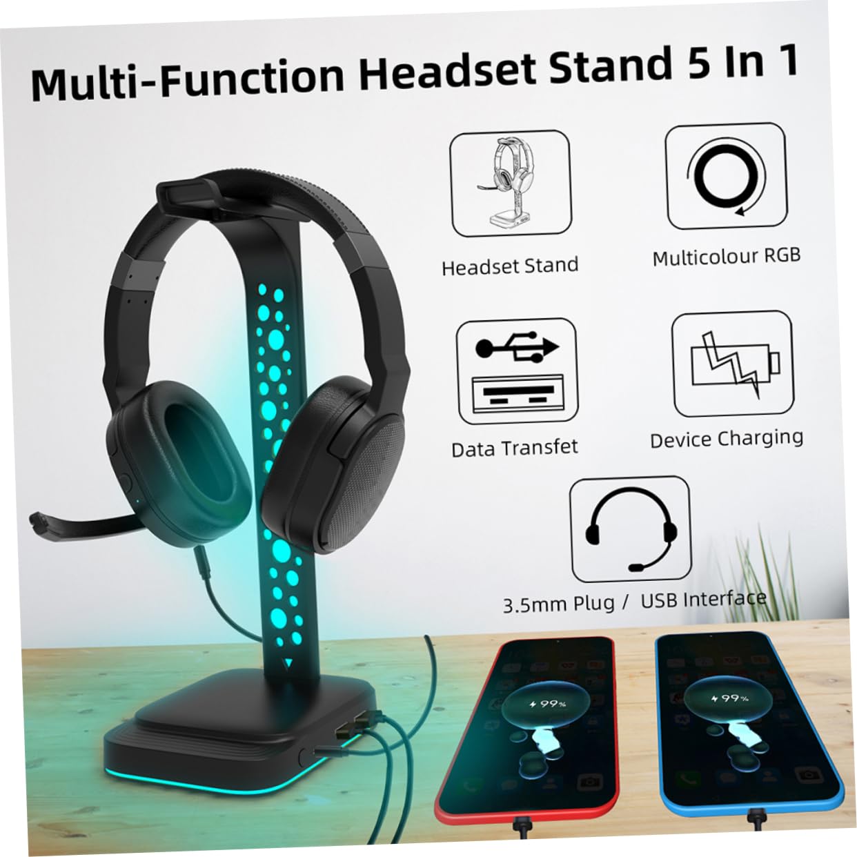 BESTonZON Soporte para Auriculares RGB con Iluminación Ajustable y Doble Puerto USB Soporte De Sobremesa Multifuncional para Cascos Pc con Conector Aux Accesorios Gaming para Escritorio