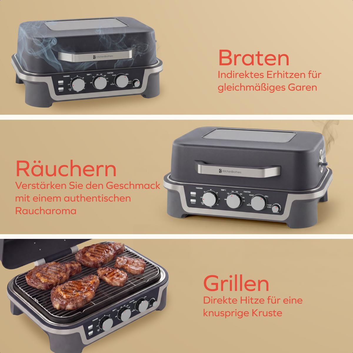 KitchenBrothers 4-in-1 Elektrogrill - BBQ & Smoker - Tischgrill - 2600W | Einstellbar von 90–250 °C, Timer bis 120 Min., Sichtfenster im Deckel, kompaktes, ideal Tischformat