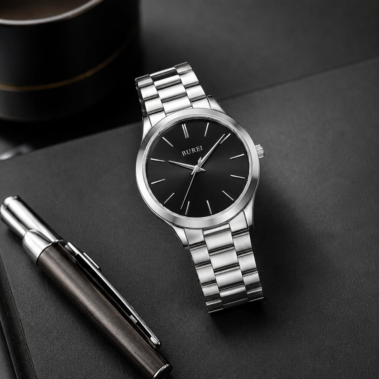 BUREI Modische Herren-Armbanduhr aus Edelstahl, Quarz-Armbanduhr mit japanischem Uhrwerk für Herren, Klassische Luxus-Uhr, 42 mm
