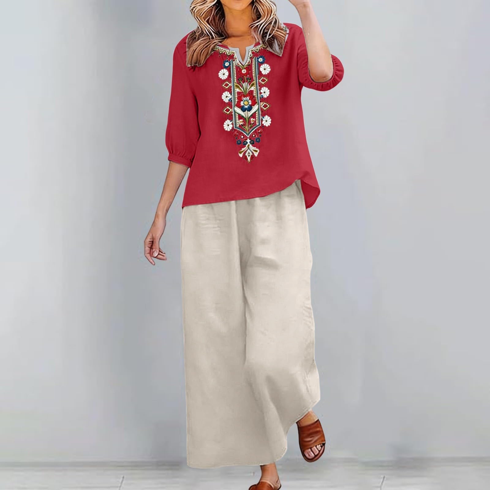 2 Piezas Conjunto Mujer Casual Elegante Verano Lino Y Algodón Conjunto Deportivo Blusa Y Pantalones Talla Grande Chandal Completo Holgado Loungewear Manga 3/4 Cintura Alta Trabajo Playa Vacaciones
