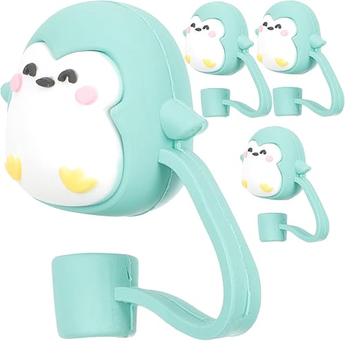 Miniatura 8 de PartyKindom 4 fundas de paja de pingüinos con diseño de dibujos animados, reutilizables, de silicona, para decoración de fiestas