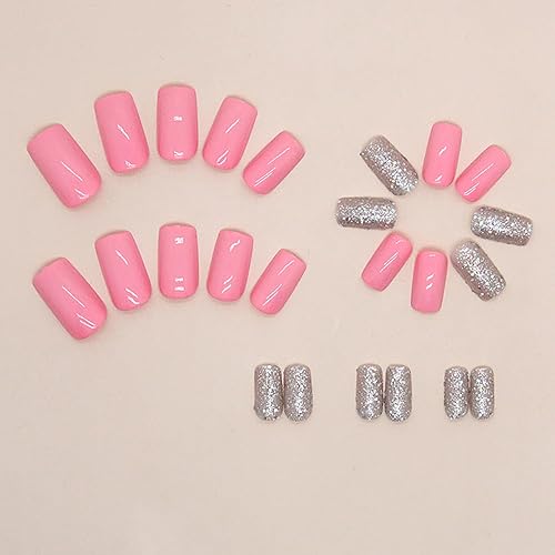 Miniatura 5 de Uñas postizas a presión de color rosa medio cuadradas SWEKKE de cobertura completa, uñas postizas plateadas con purpurina brillante con pegamento