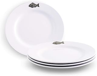 Arthur Court 4-Piece Pewter Fish on Heavyweight and Durable Melamine Plate for Indoors Outdoors Use, Party and Everyday Use Outdoor Cabin Tableware Dinnerware 10 inch Diameter
