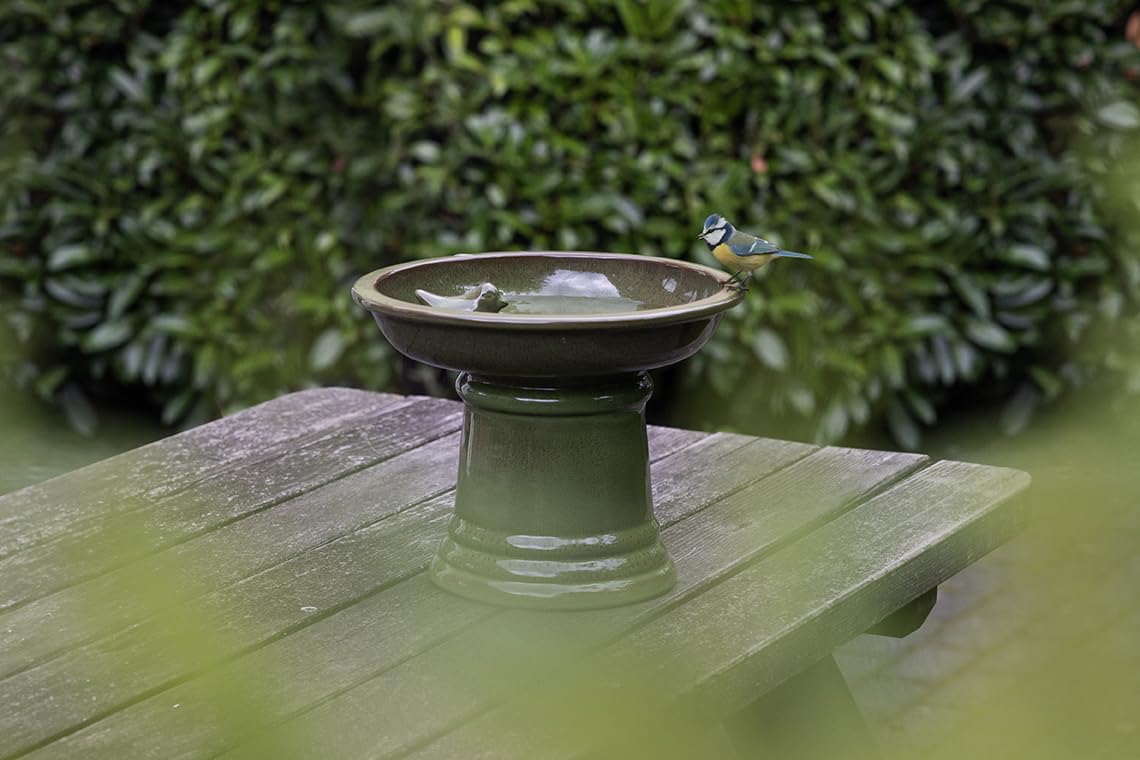 SMALL CERAMIC BIRDBATH ON PEDESTAL GREEN