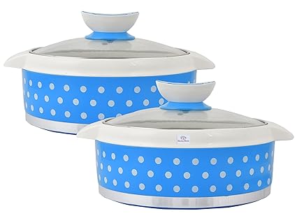 Heart Home Dot Printed Inner Steel Casserole With Toughened Glass Lid, 1500ml- Pack of 2 (Blue)-HS42KUBMART25011
