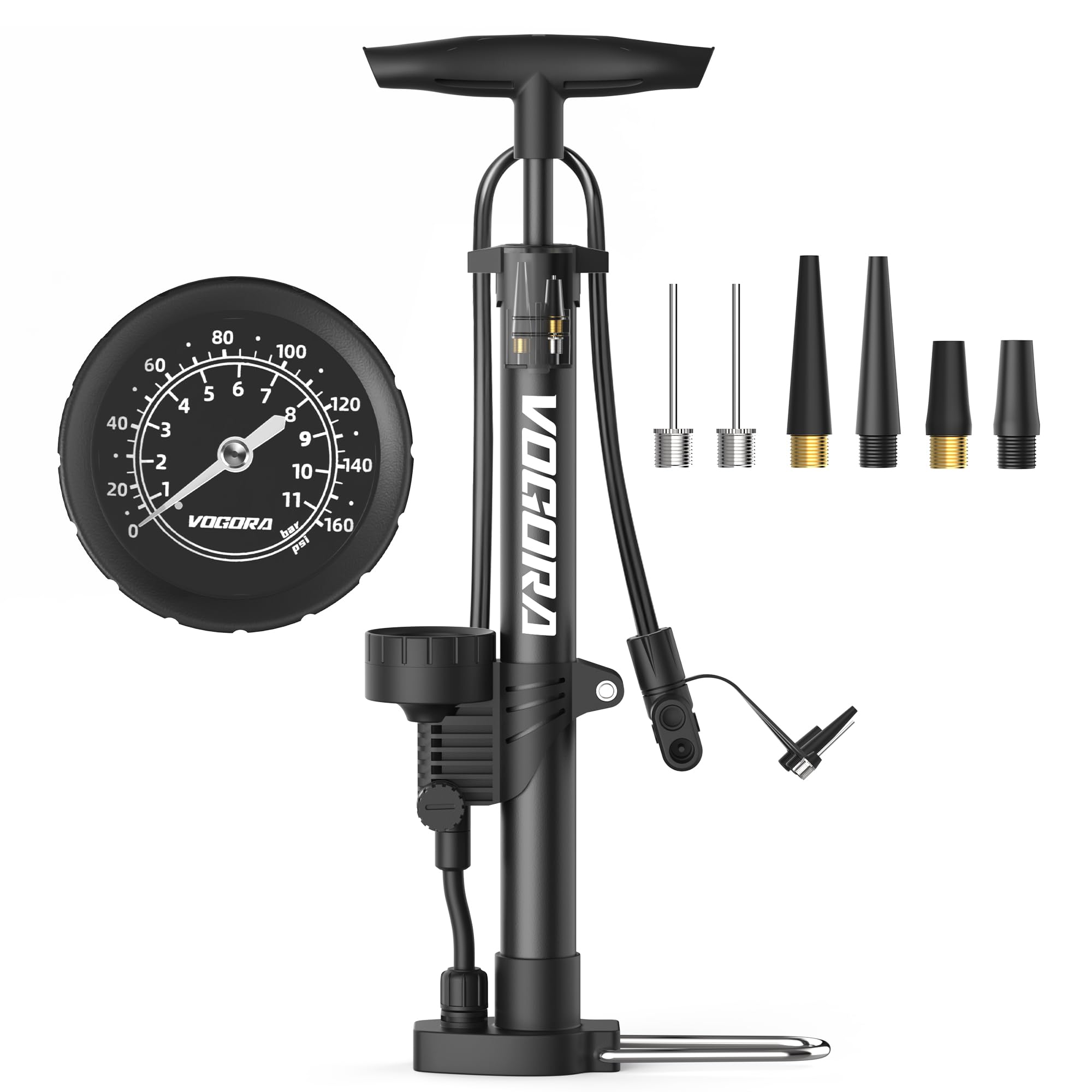 VOGORA Bike Pump with Pressure Gauge, Bicycle Pump with Presta & Schrader Valves Bike Pump for all Bikes, Foot Pump for Car Tyres, Road Mountain Bikes & Balls