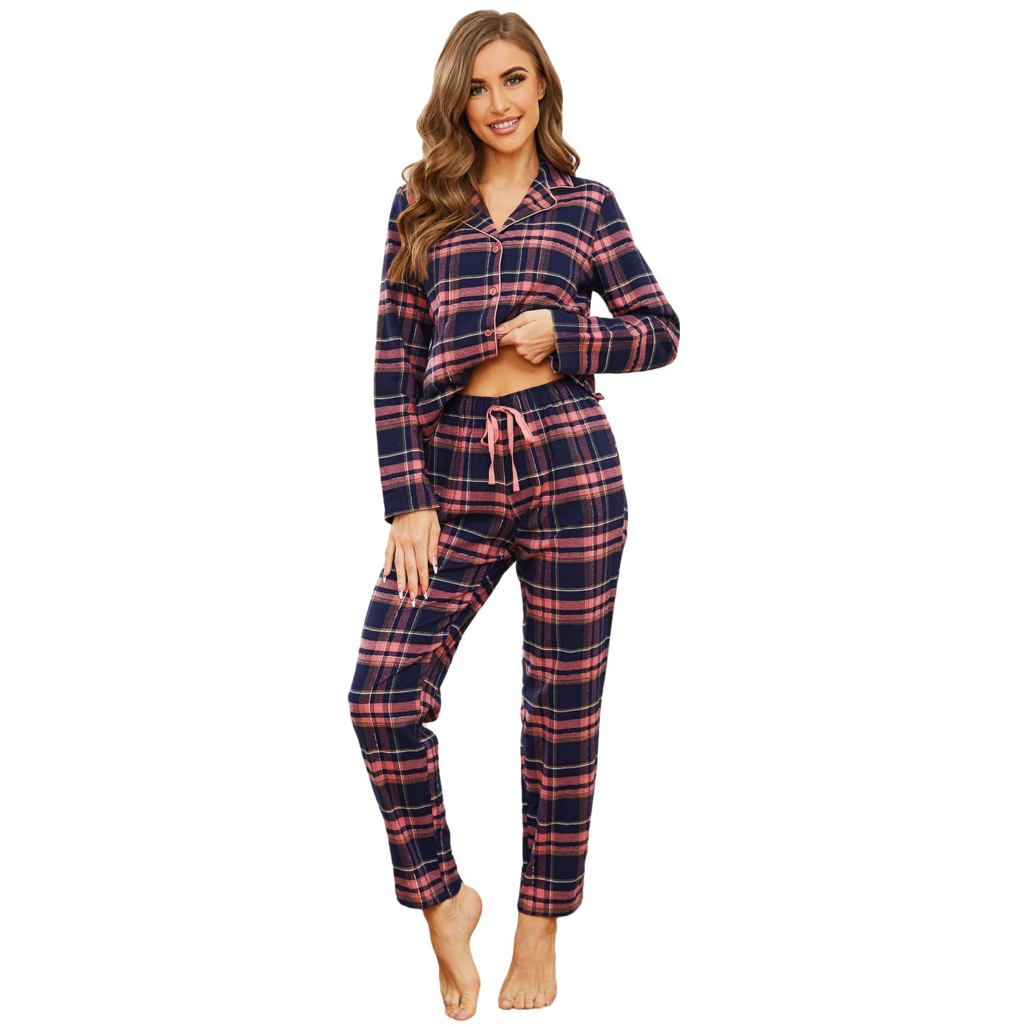 Mnemo Home Pijama largo de franela para mujer 100% algodón de franela