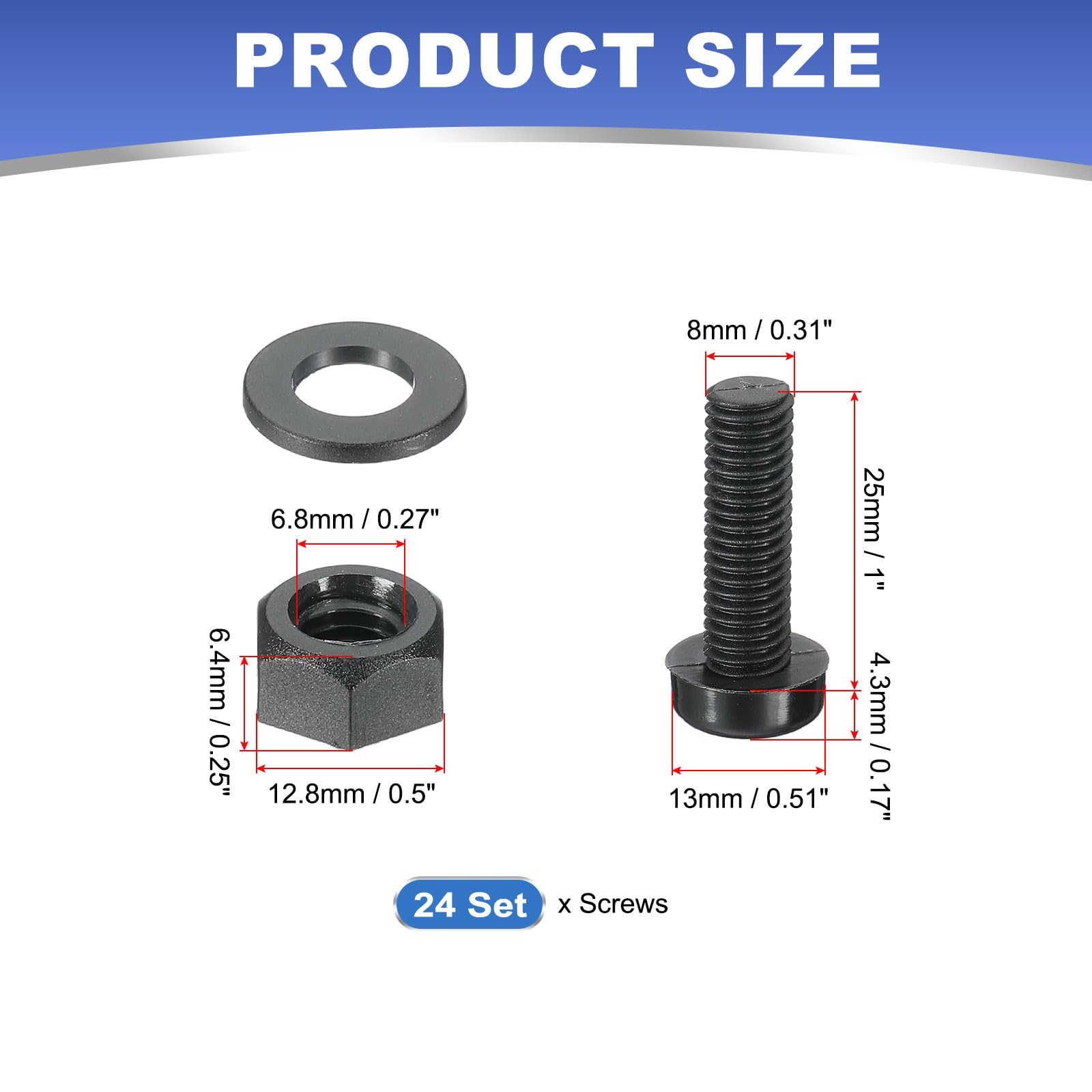 PATIKIL M8x25mm Black Nylon Bolts Plastic Nuts Full Thread Head Screws, 24 Pcs, M8*25mm - Image 2