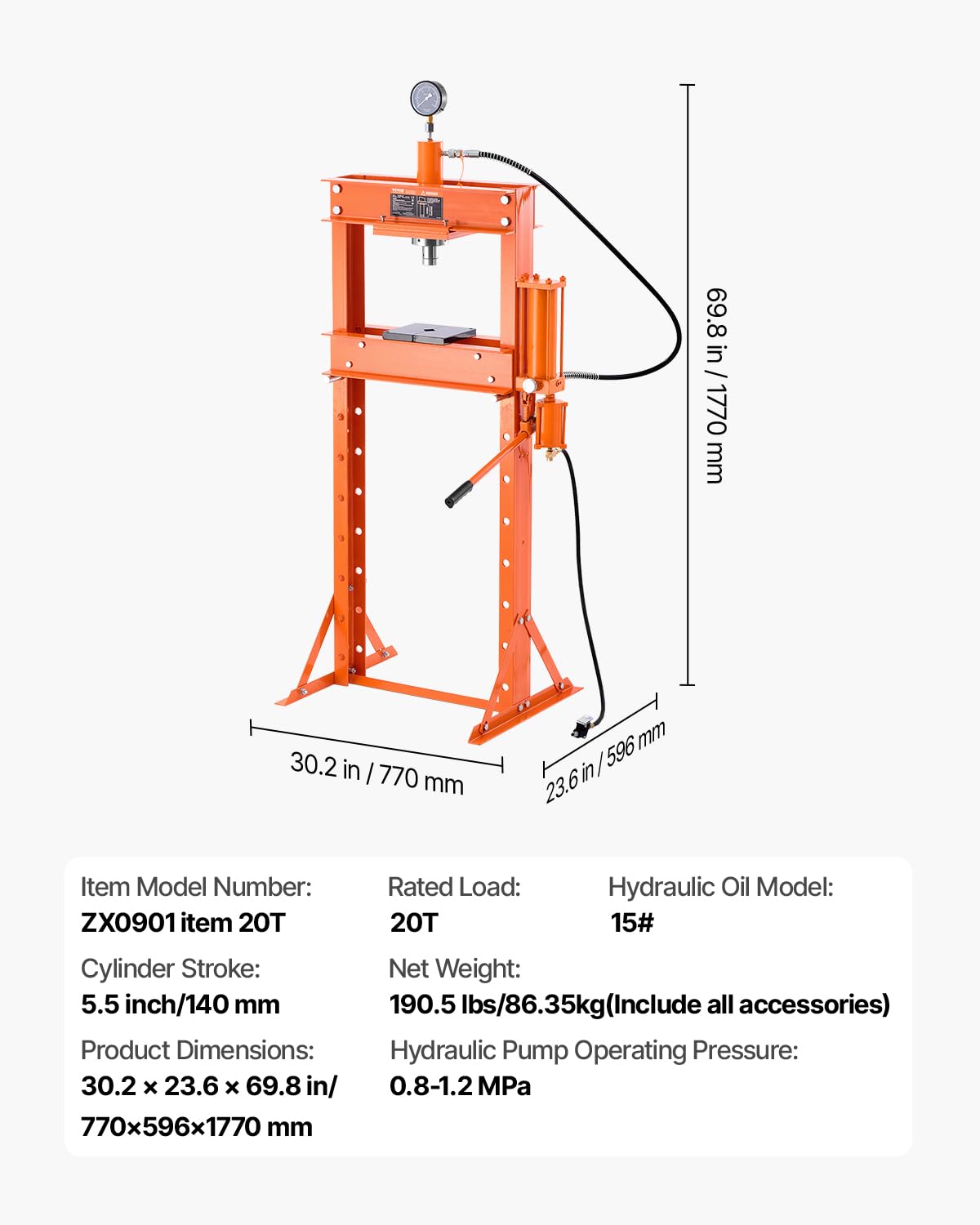 VEVOR Prensa Hidráulica de Taller, con Marco en H de 20 T con Placa de Prensa, para Piso de Garaje Estable con Soporte Triangular, Apta para Doblar, Enderezar y Estampar, 770 x 596 x 1770 mm