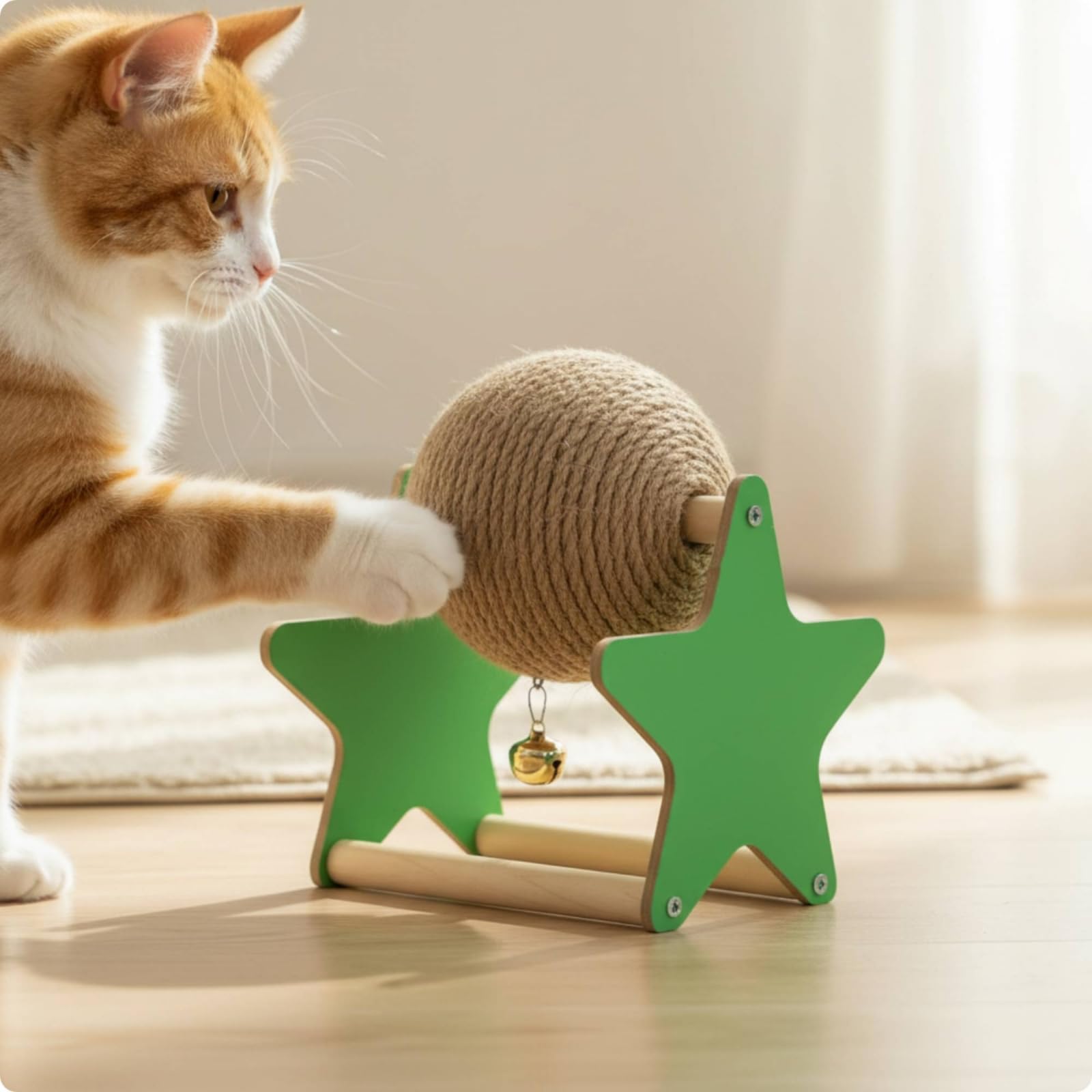 Griffoir pour Chat Balle avec Cadre en Bois Jouet Suspendu Clochette et Plume Construction Stable Format Compact Adapté aux Appartements Petites Pièces Protection des Meubles, Grand