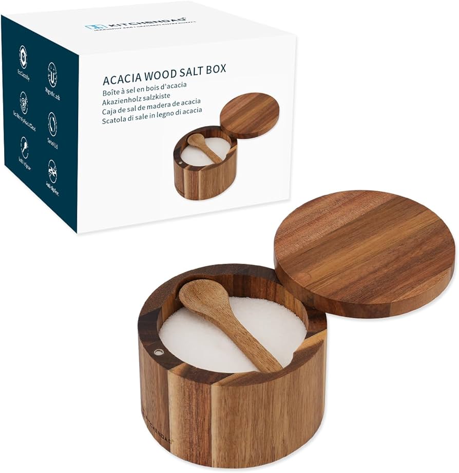 KITCHENDAO Acacia Wood Salt Cellar Bowl Box with Built-in Spoon to avoid Dust, Elegant Kitchen Salt Container Holder with Swivel Magnetic Lid to Storage Pepper Spice Bath Salt Sea Salt, 6OZ