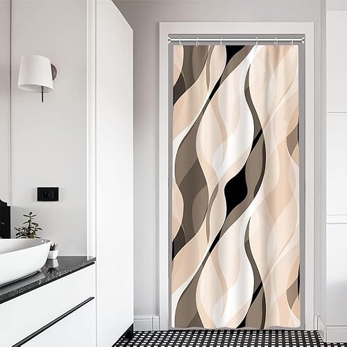 Miniatura 54 de Cortina de ducha gris, juego de cortina de ducha moderna abstracta a rayas negras y grises para baño, cortina de ducha impermeable blanca y gris