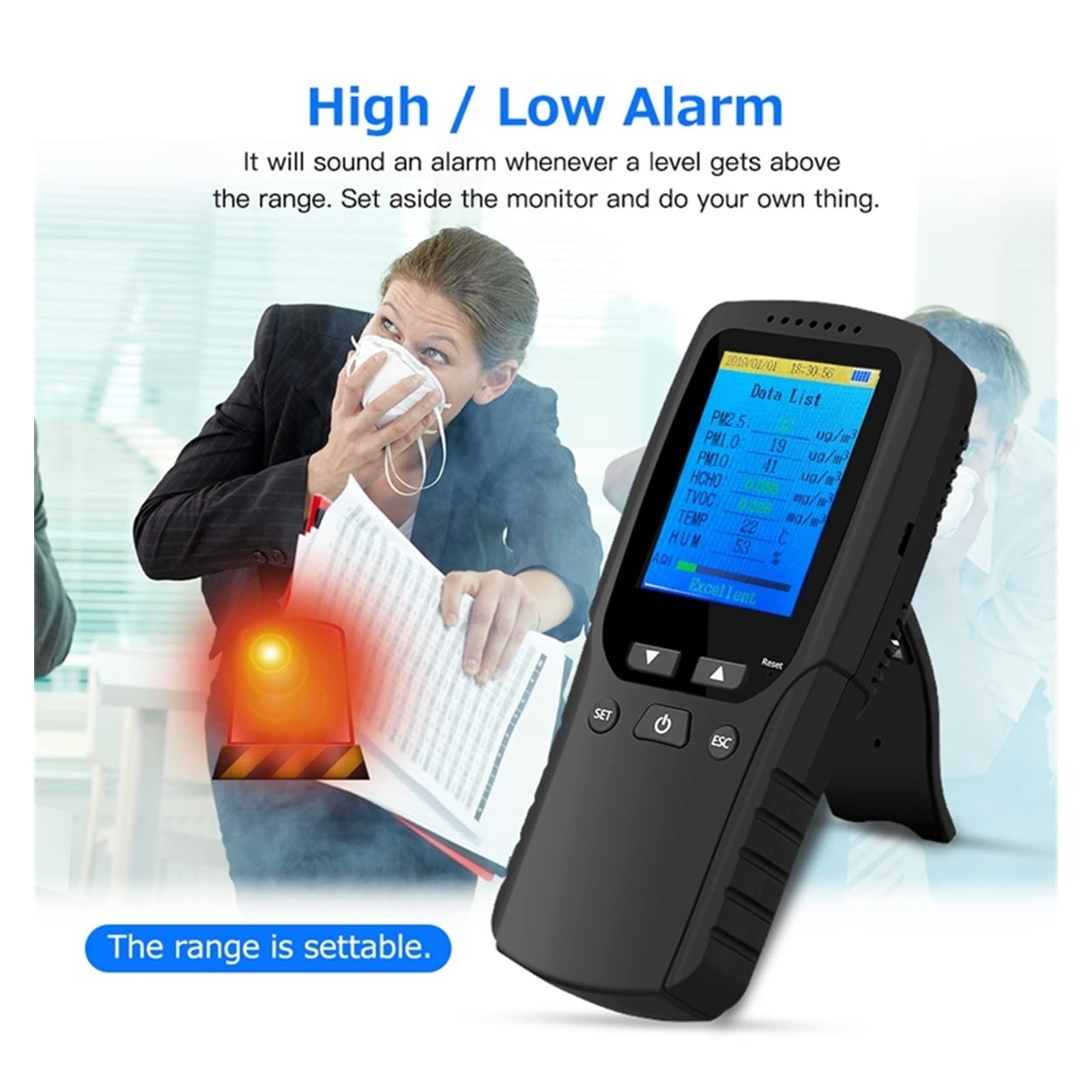 Rilevatore Gas, Monitor della qualità dell'Aria 9 in 1 Indoor Outdoor PM2.5, PM1.0, PM10, HCHO, rilevatore Tester Sensore di Temperatura e umidità per Lavoro, Casa