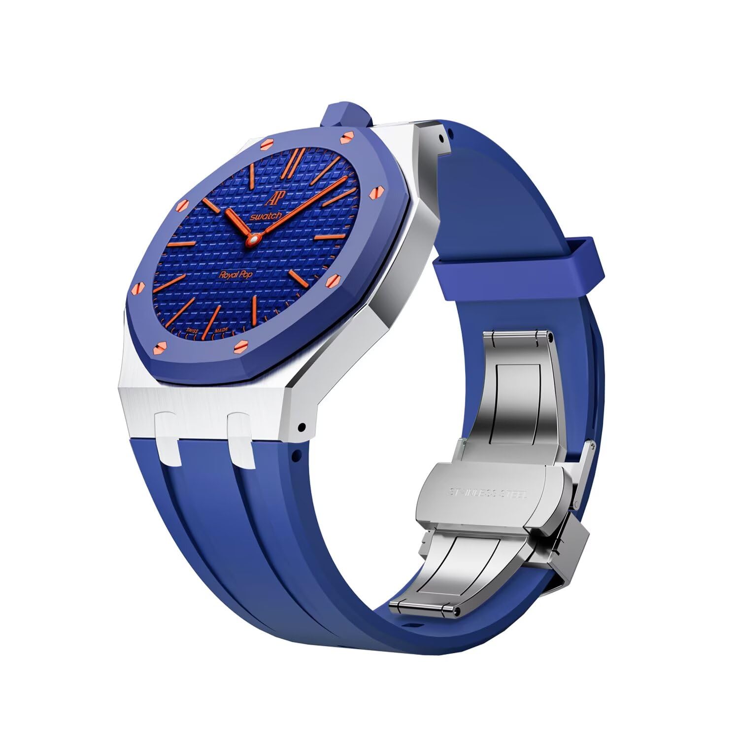 Bracelet Compatible avec Swatch Royal Pop, Bracelet en Silicone Associé à un Boîtier en Acier Inoxydable, Etanche et Résistant aux Rayures.