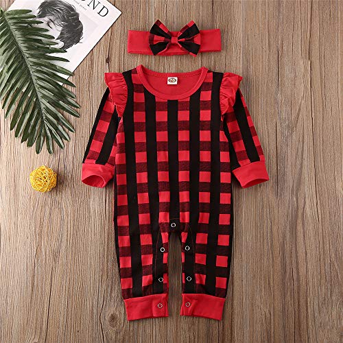 Infant Baby Girls Ruffle Plaid Jumpsuit Romper Long Sleeve One Piece Outfit Fall Winter Christmas Clothes (Ruffle Red Plaid, 0-3 Months)2