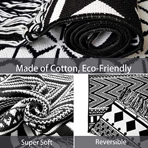 Iohouze Boho Bathroom Runner Rug -2'X4.3' Cotton Woven Indoor Outdoor Carpet Rugs Mats, Black White Runners For Hallways, Machine Washable Runner Rug For Kitchen Bedroom Living Room Laundry Entryway #TOP3
