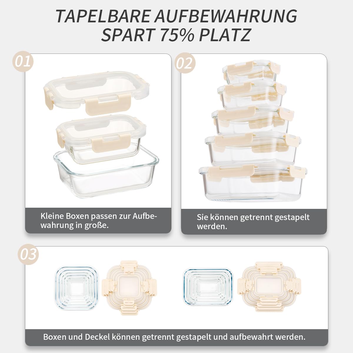 Fenger Juego de Recipientes de Cristal para Almacenaje, Frascos de Vidrio con Tapa, Contenedores de Almacenamiento para Alimentos Frescos, Cocina y Restaurante, Tapas de Plástico Premium