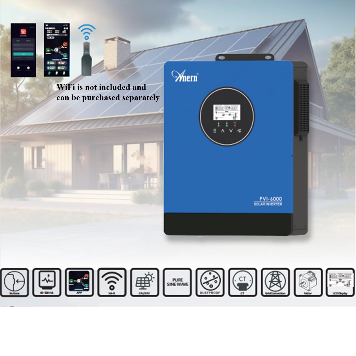 Anern Hybrydowy Falownik 10KW Zintegrowany 3 MPPT Nie Potrzebna bateria, Może Zasilać Silnik 1,5P+3P lub Pompę Wodną,Out-Network Falownik Słoneczny 220V-240VAC,Napięcie MPPT 60-450VDC