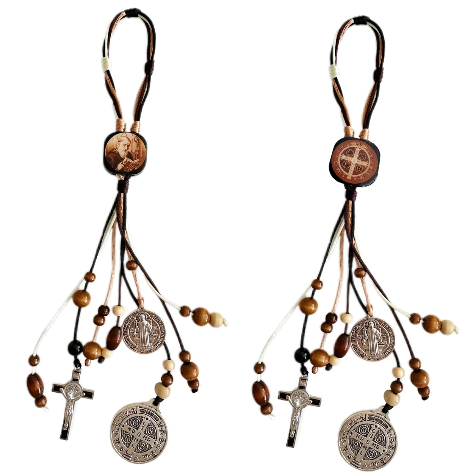 2PCS/Set Medalla De San Benito,Escapularios Wooden Beads Rosary St Benedict Medals for Door with Saint Benedict Cross Crucifix Catholic Gift Set for Car Hanging Charm Home Door Hanger Decor