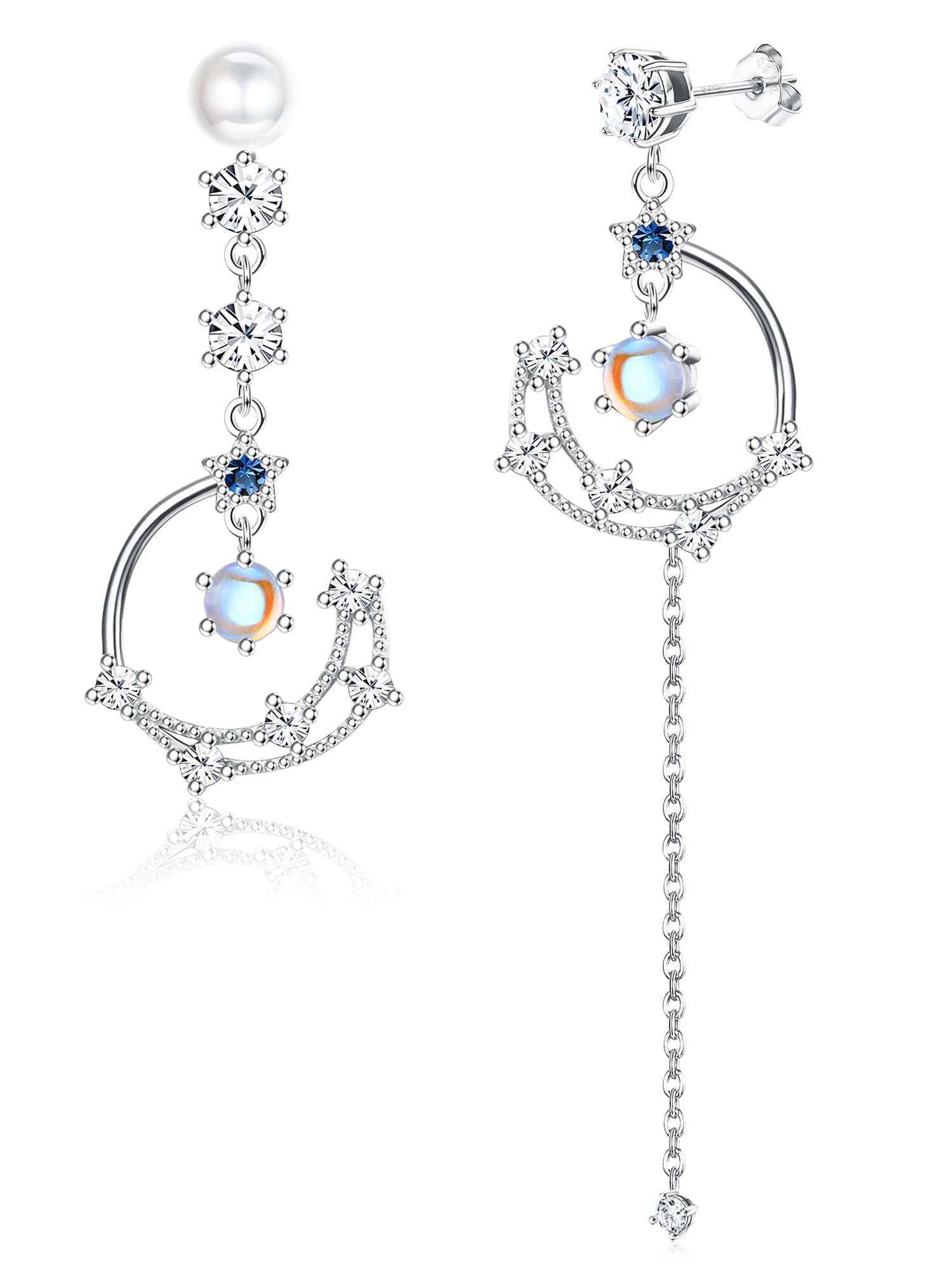 MILACOLATO Pendientes Colgantes Para Mujer Plata De Ley 925 Zirconia Luna y Estrella Aros Colgantes Hipoalergénicos, Delicada Cadena Larga Luna Estrella Aretes Pendientes Bisuteria Regalo De Joyería