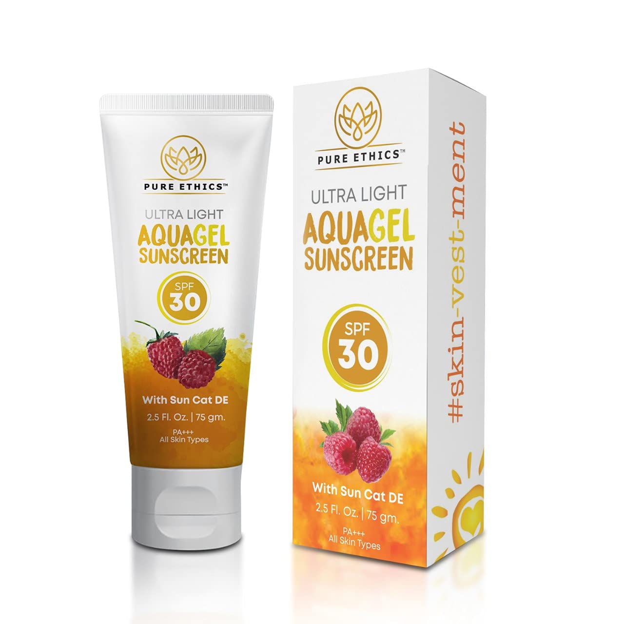 Pure Ethics® Sunscreen Aqua Gel For Face and Body With Red Raspberry Extracts & Sun Cat DE | Provides Sun Protection, Clears Skin & Reduces Signs of Aging | Non Sticky Formula with SPF 30 PA+++ (75 gm)