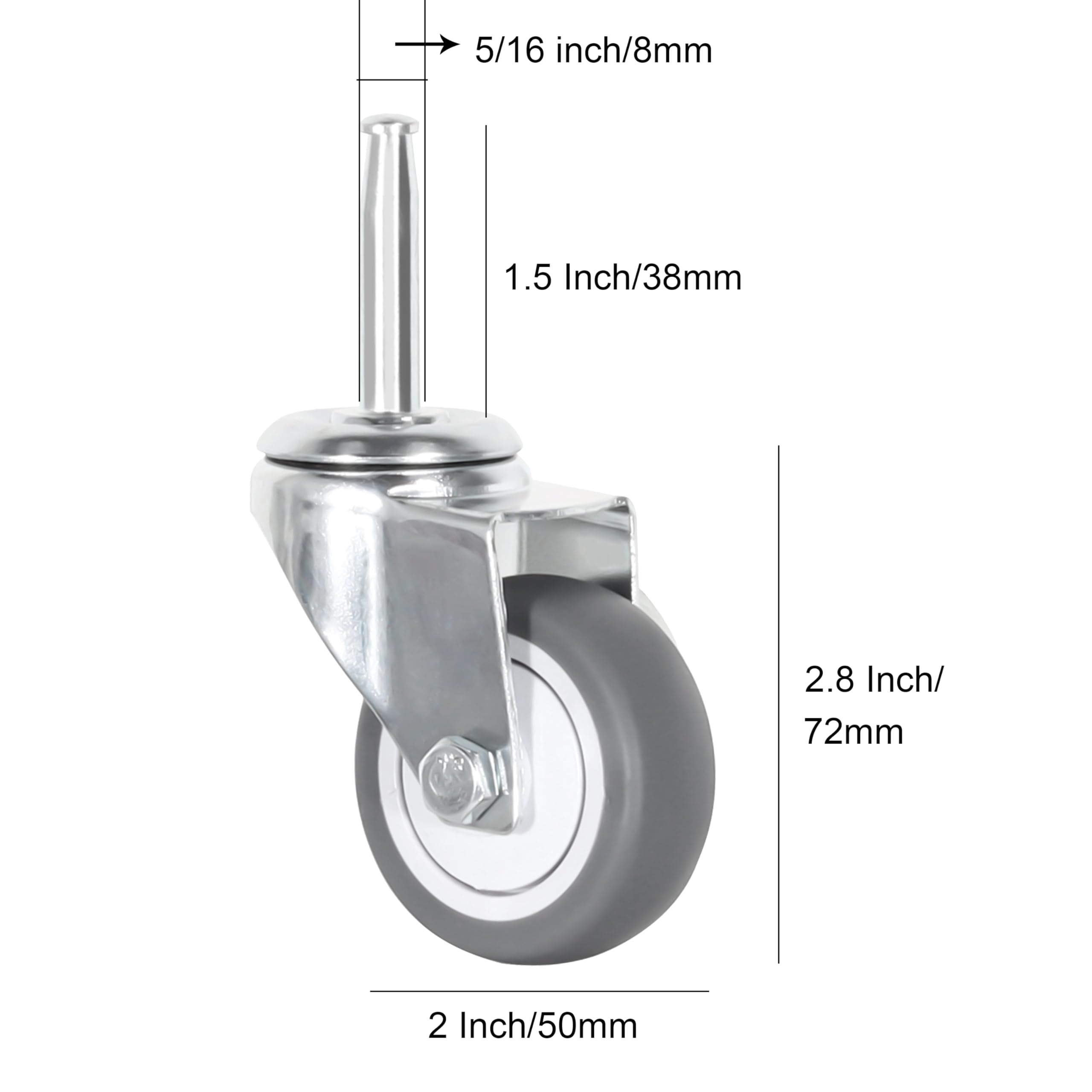 2-calowe kółka skrętne z trzonem, 5/16" x 1-1/2" (średnica trzonu 5/16", długość 1-1/2") Zestaw 4 kółek zapasowych z TPR (z gniazdami) (2,0-calowe szare kółko TPR bez hamulca)