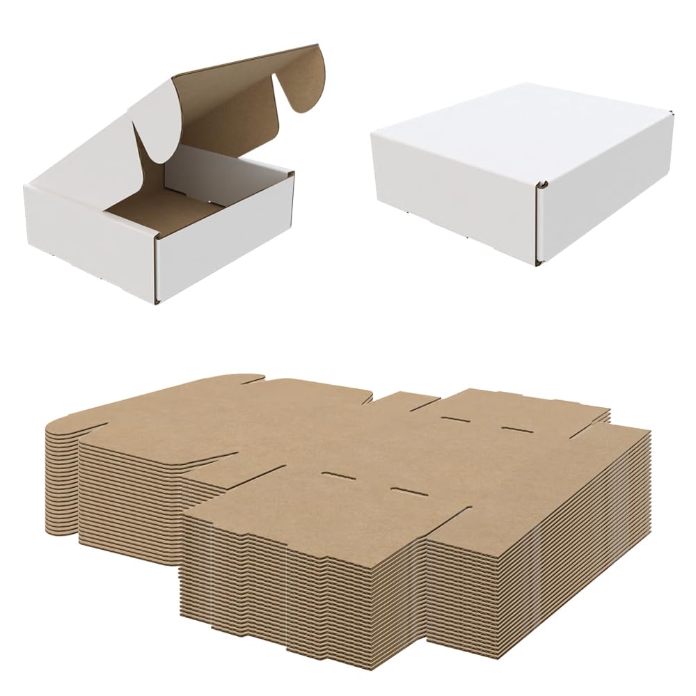 AKAR Die Cut Boxes - 6x5x1.75" / 152x127x44mm White Cardboard Boxes for Small Parcel Postal Shipping (10)
