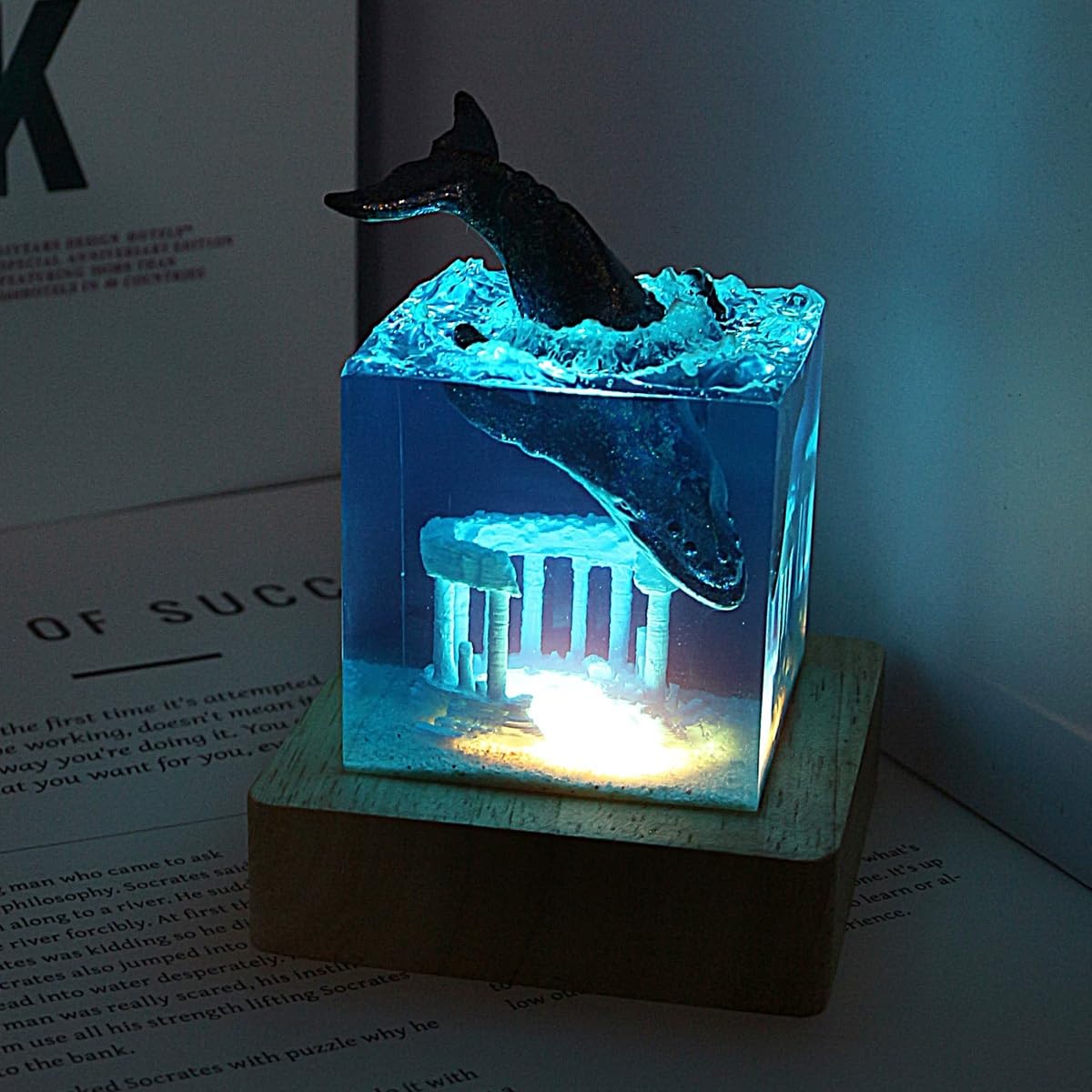 Lampada resina artigianale 3D squalo balena, luce notturna USB base legno, decorazione casa e regalo elegante
