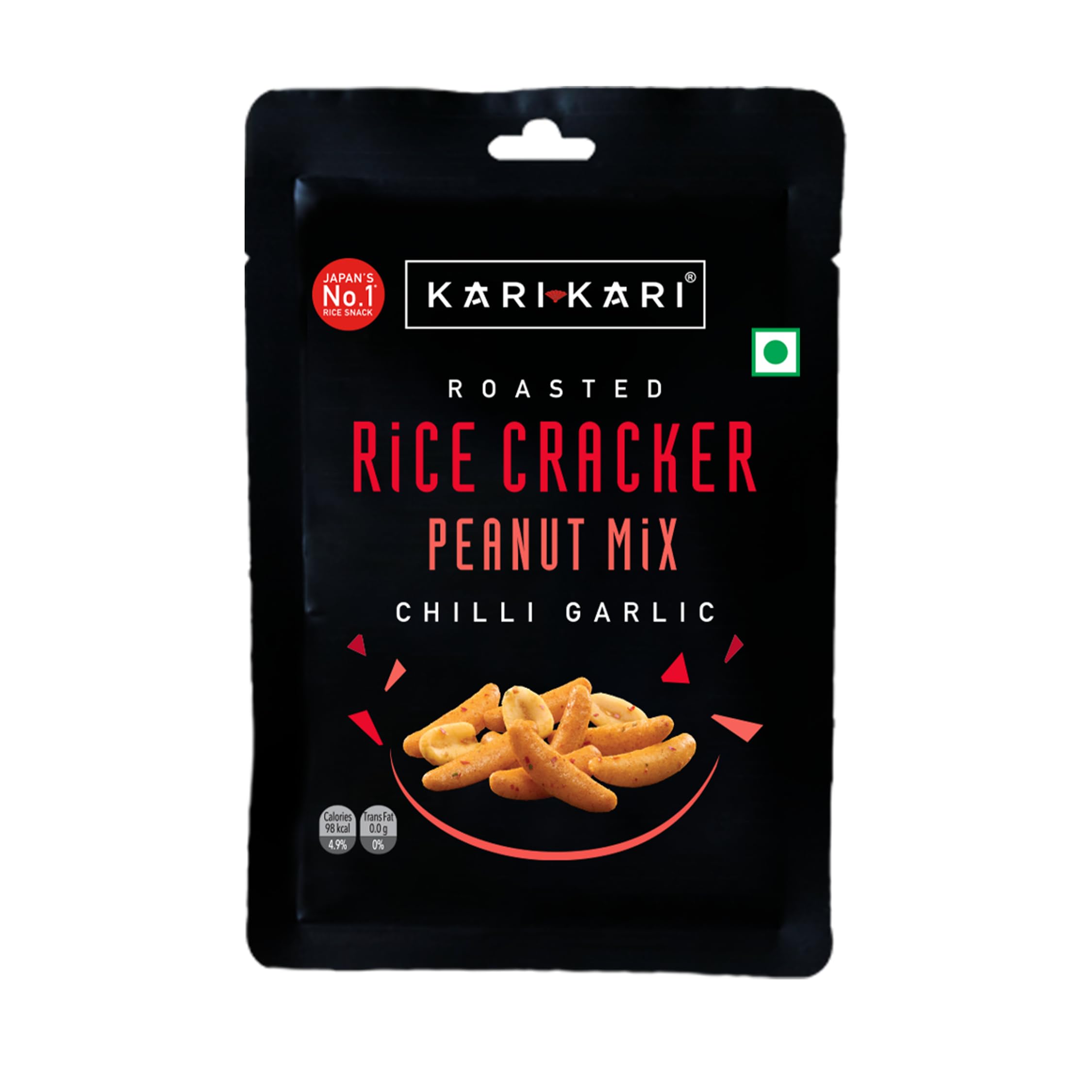 Kari Kari Chilli Garlic Rice Cracker & Peanut Mix | Crunchy Japanese Snacks | Roasted, Non-Fried Healthy Snacks | 100% Vegetarian | Party Snacks (20g x Pack of 1)