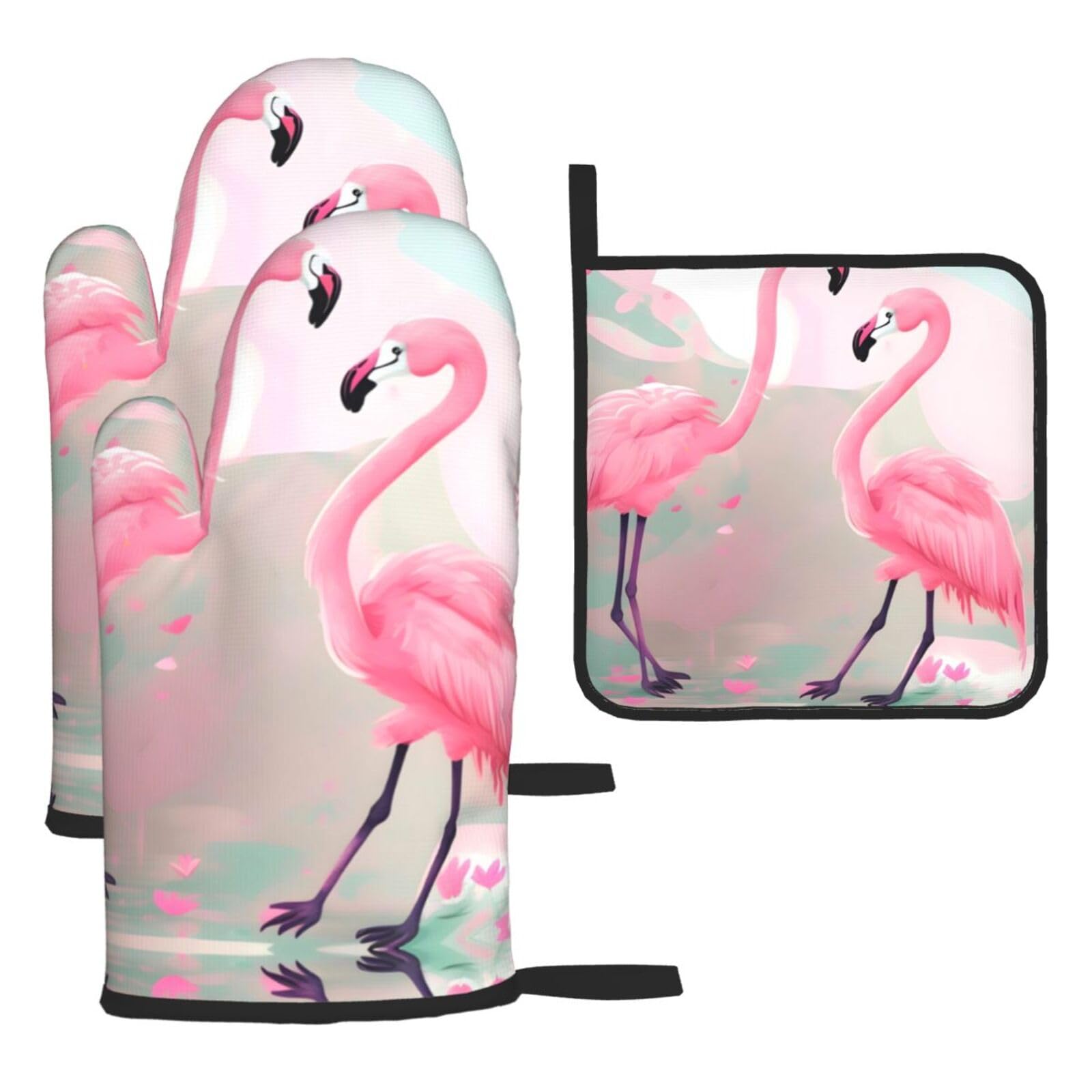 Love Flamingo Printed Oven Mitt Set 3-Piece | Heat Resistant Gloves & Pot Holder Mat for Cooking, Baking & BBQ