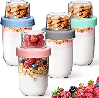 Overnight Oats Containers with Lids 16+4 OZ Set of 4(Mixed Color), Glass...