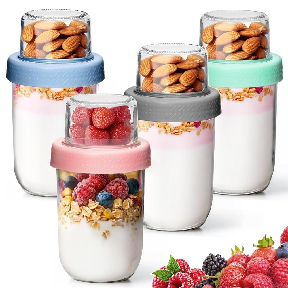 ComSaf Overnight Oats Jar 480+120mL, 4 Pack Glass Overnight Oats Container, Dual-Layer Yoghurt Pots for Dry-Wet Separation, Breakfast Pots for Yogurt Cereal Fruit, Glass Jars with Lids for Salad
