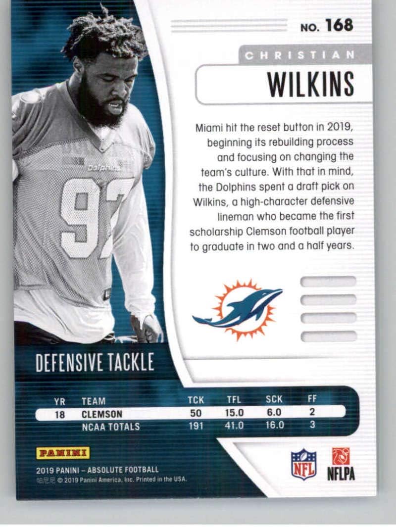 2019 Absolute #168 Christian Wilkins RC Rookie Miami Dolphins NFL Football Trading Card