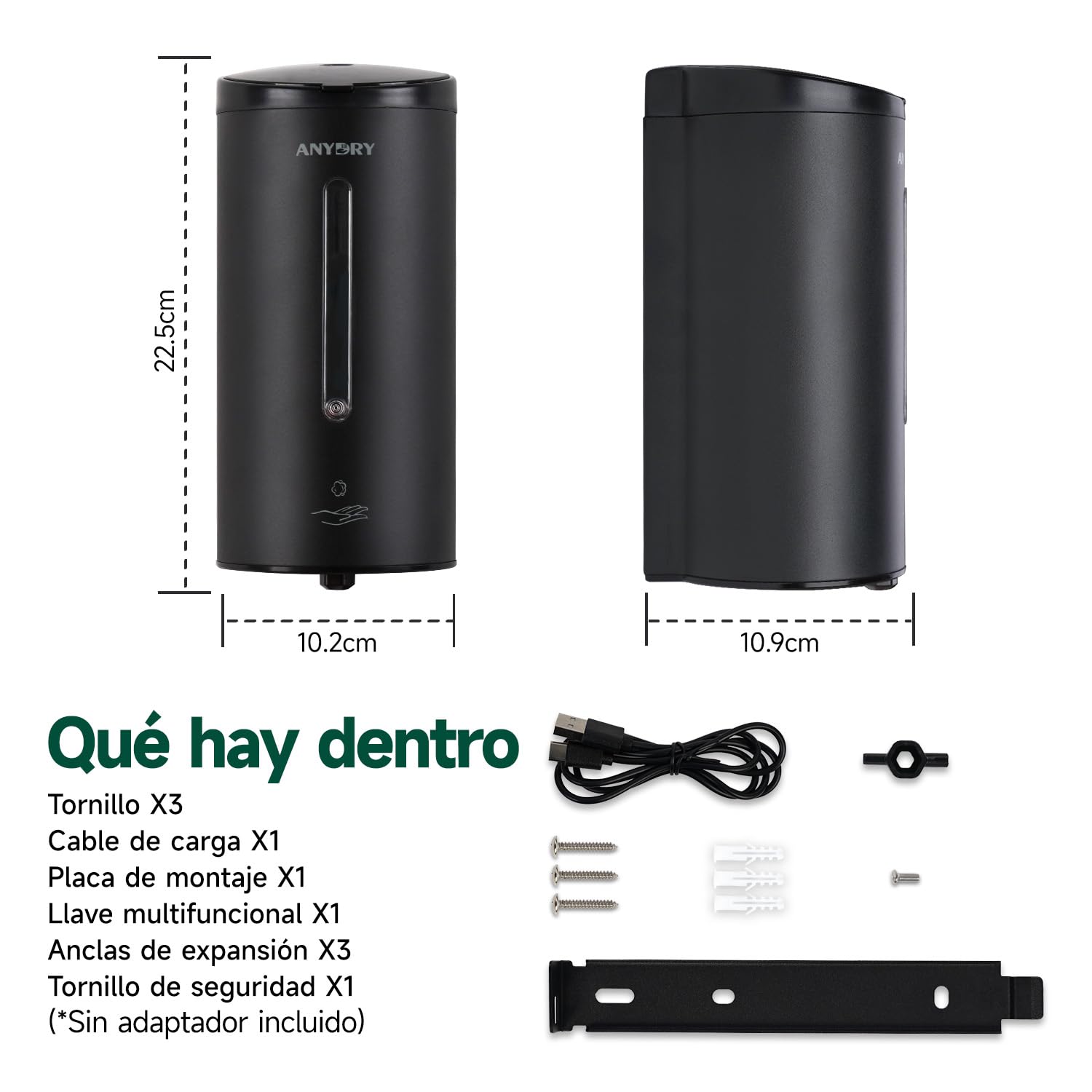 anydry Dispensador de Espuma Automático Sin Contacto de Pared Profesional 750 ml con Placa de Montaje Metálica & Revestimiento Anti-Corrosión (Acero Inoxidable Negro Mate)