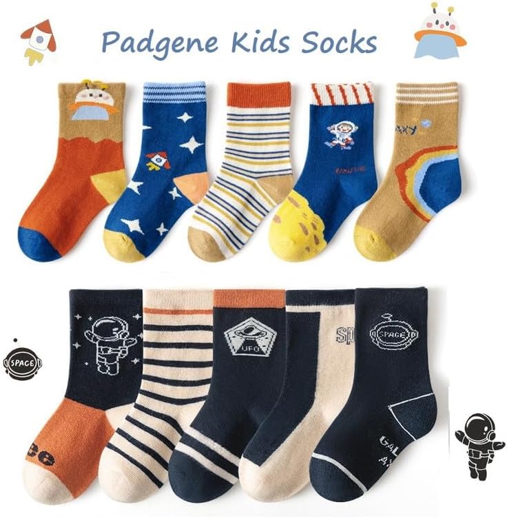 Padgene 10 Pairs Kids Boys Fun Novelty Socks Toddler None Slip Cotton Crew Dress Socks Cartoon Dinosaur Car Shark Stripes - Image 8