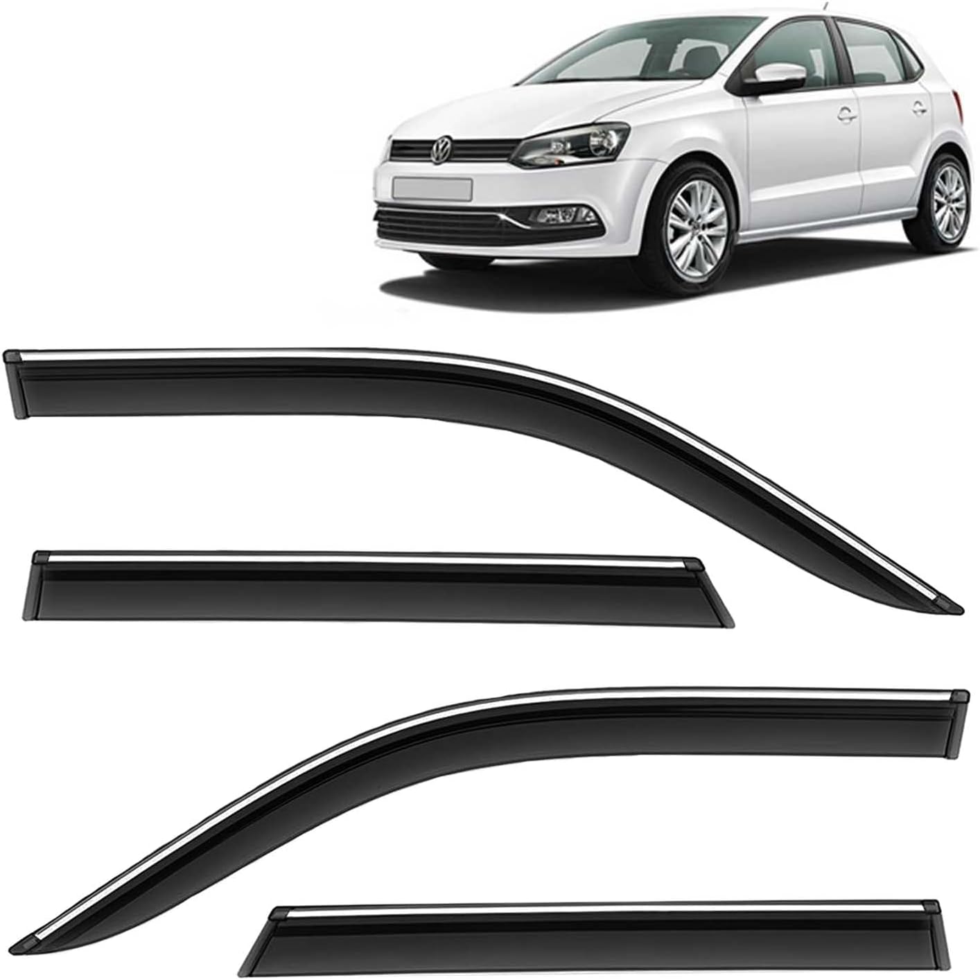 KINGSWAY Accessories Chrome Lining Door Visor Only Compatible with Volkswagen Polo (Year 2009 to 2022) All Model, Premium Chromeline Unbreakable Car Rain Guard Side Rear Wind Deflectors, Set of 4 Pcs
