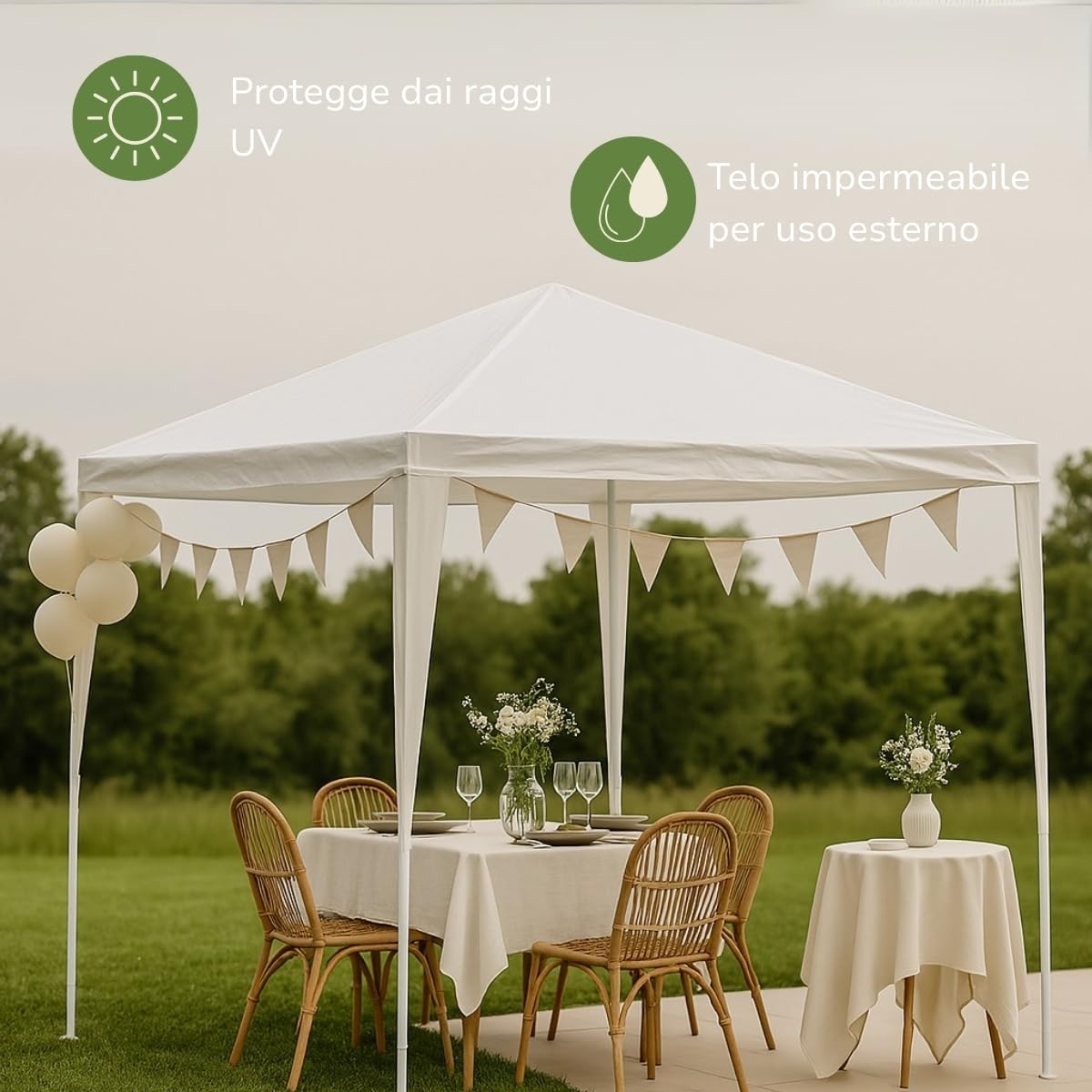 Kinzo Gazebo 3x3 Metri, Gazebo Esterno Resistente, Tendone per Feste Impermeabile, Capannone per Giardino Completo di Picchetti e Corde, Altezza 2.5 M, Bianco