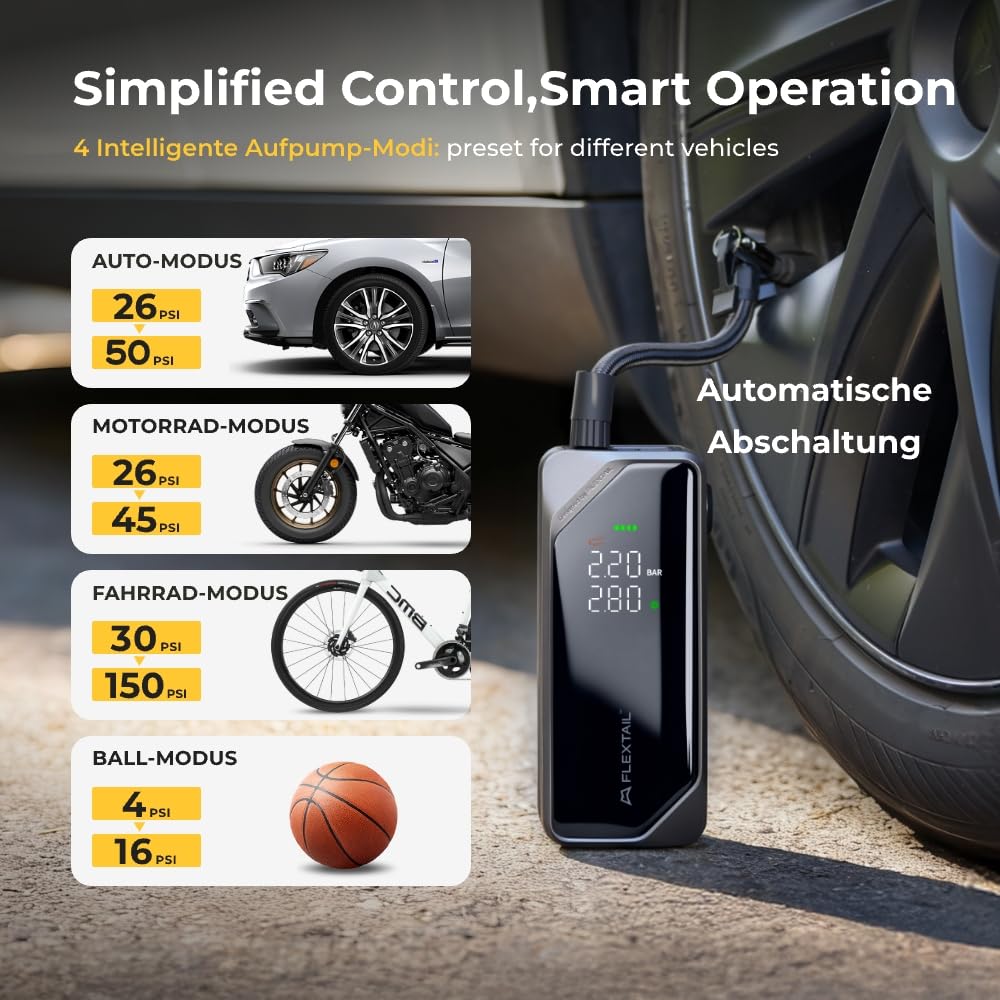 FLEXTAILGEAR Elektrische Luftpumpe, Akku Fahrradpumpe, 150PSI Tragbare Fahrrad Pumpe, 12V DC & USB‑C Mini Kompressor für Auto, Motorrad, Fahrrad, Bälle, mit LED-Licht, 6000mAh Powerbank