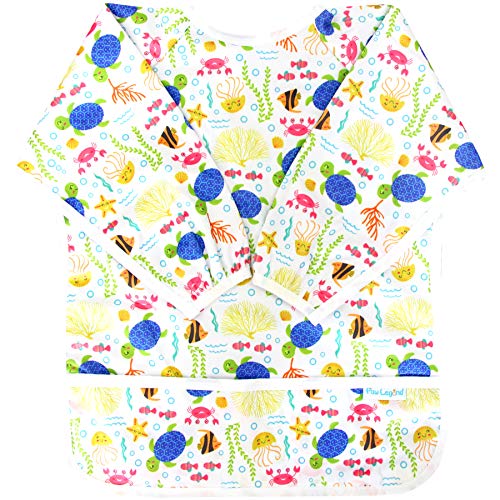 Paw Legend Long Sleeved Baby Bib - No Leak Bib for Babies - Toddler Bib (6-24 Months) with Pocket, Marine Life