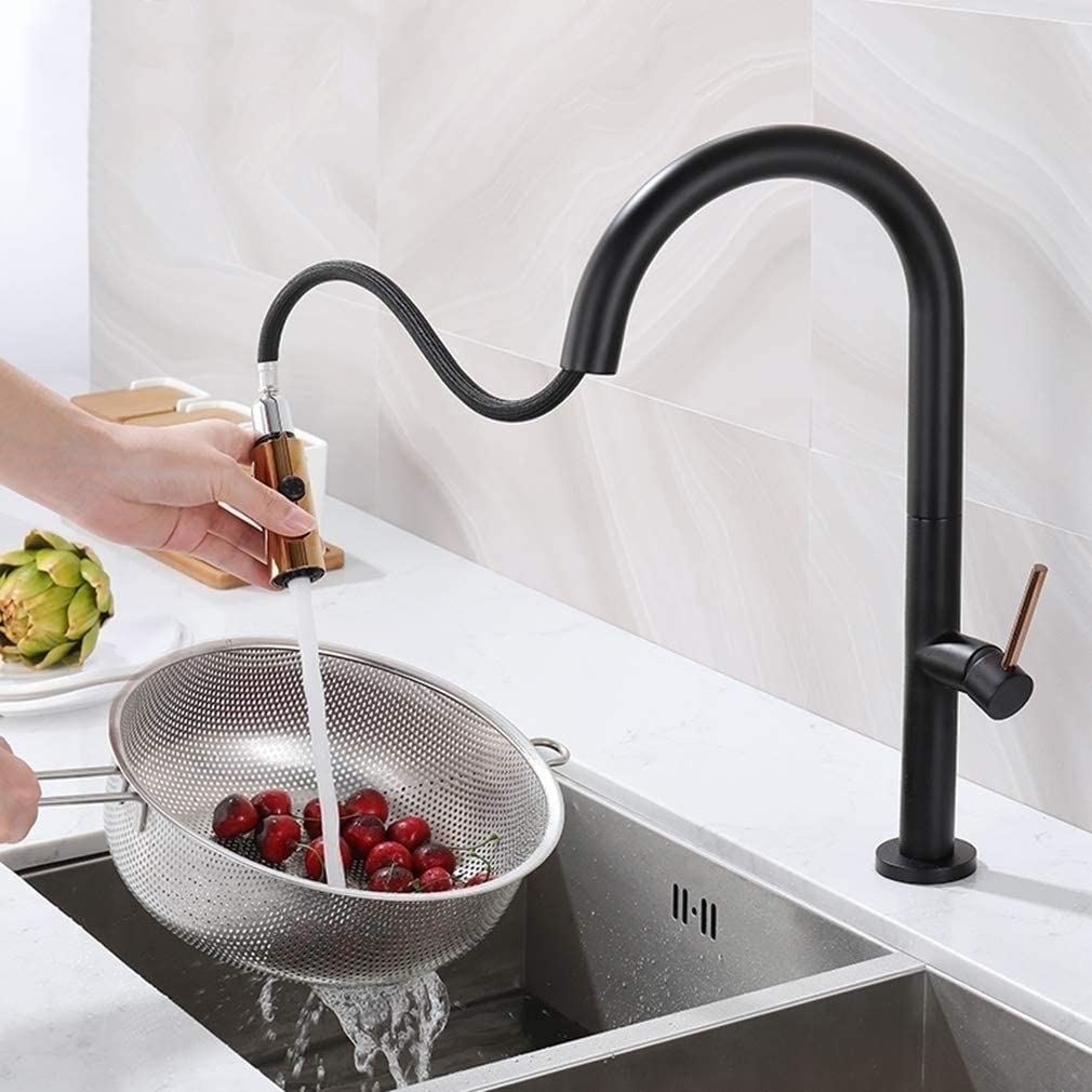 Caño Alto Grifo de Cocina, Grifo Cocina Extraible, Giratorio de 360 Grados Grifos Cocina Extensible, Grifos para Fregadero con Control de Agua Fría y Caliente (Color : Negro)
