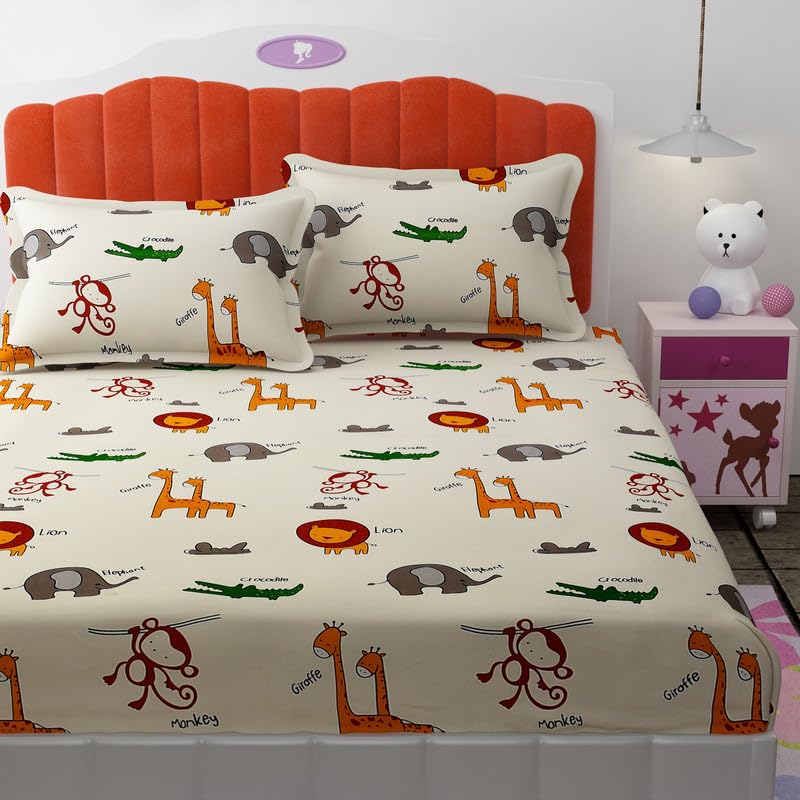 Sponsored Ad - Florida Giggles Kids Bedsheet for Queen Size Bed with Pillow Covers and Made of Microfiber with Animals Print