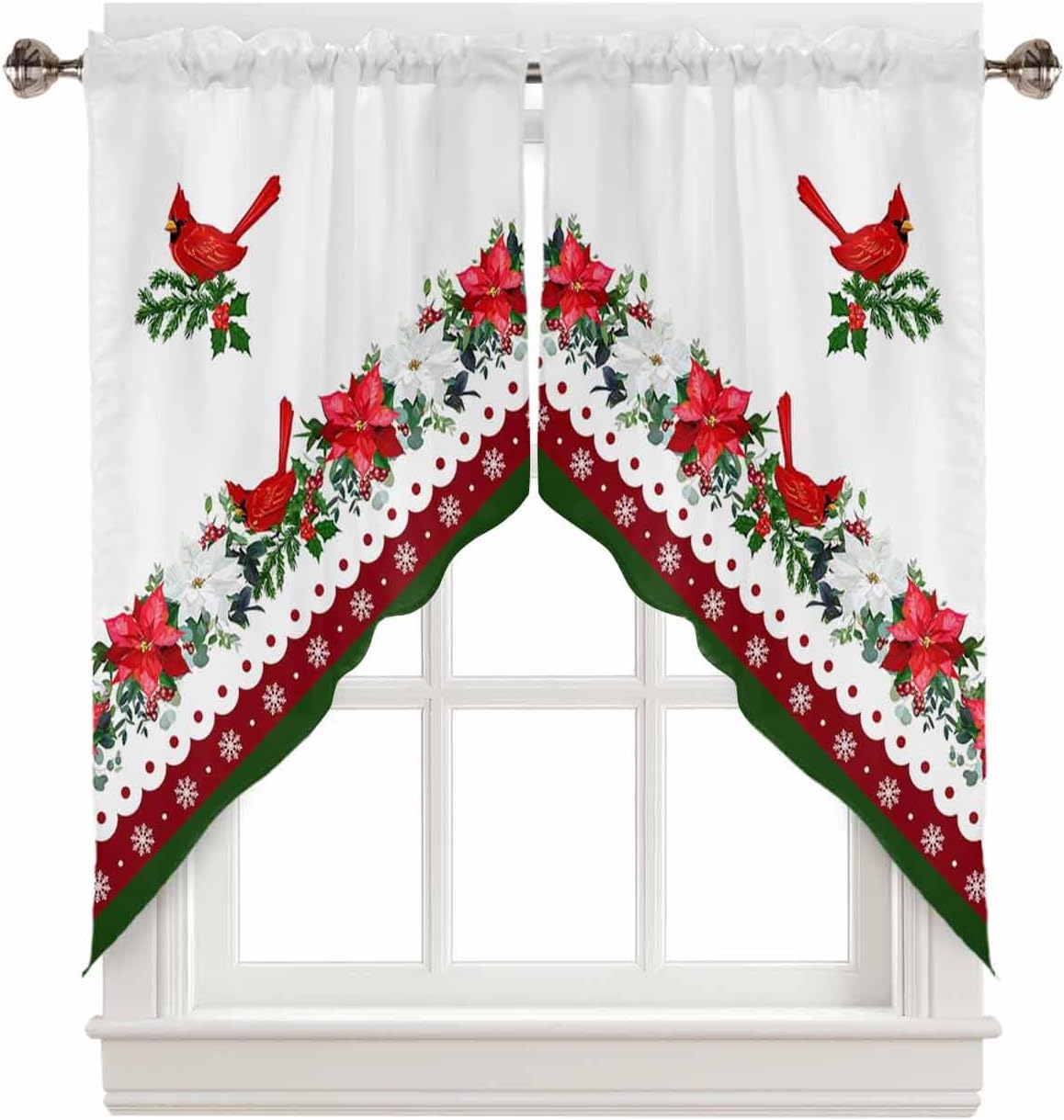 BEMIGO Christmas Poinsettia Cardinal Swag Valances Kitchen