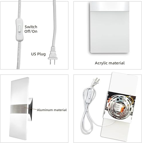 Miniatura 5 de KICAAO Juego de dos apliques de pared, modernos apliques de pared enchufables de 10 W 6000 K de acrílico blanco frío con cable de enchufe de 6
