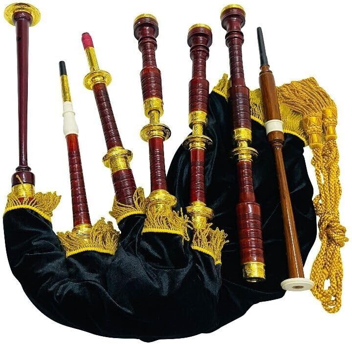 Highland Bagpipe Golden Engraved Mounts Rosewood Made Bagpipe Natural Finish With Free Bag