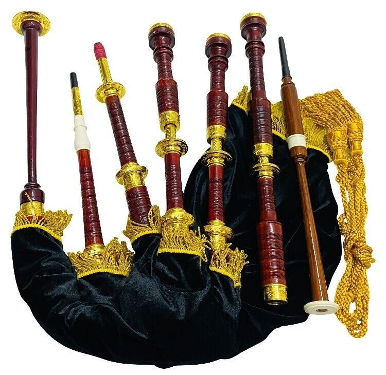Highland Bagpipe Golden Engraved Mounts Rosewood Made Bagpipe Natural Finish With Free Bag