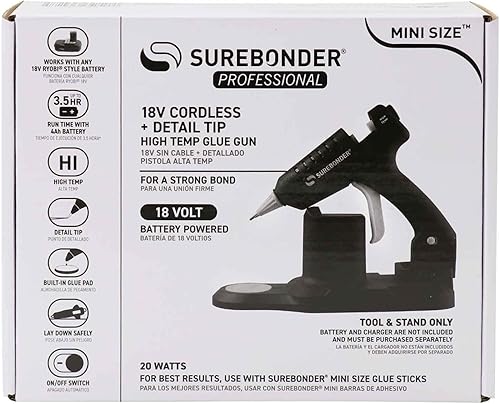 Miniatura 4 de Surebonder Mini pistola de pegamento caliente inalámbrica tipo Ryobi de 18 V con batería de alta temperatura, punta de detalle, 20 vatios, batería y