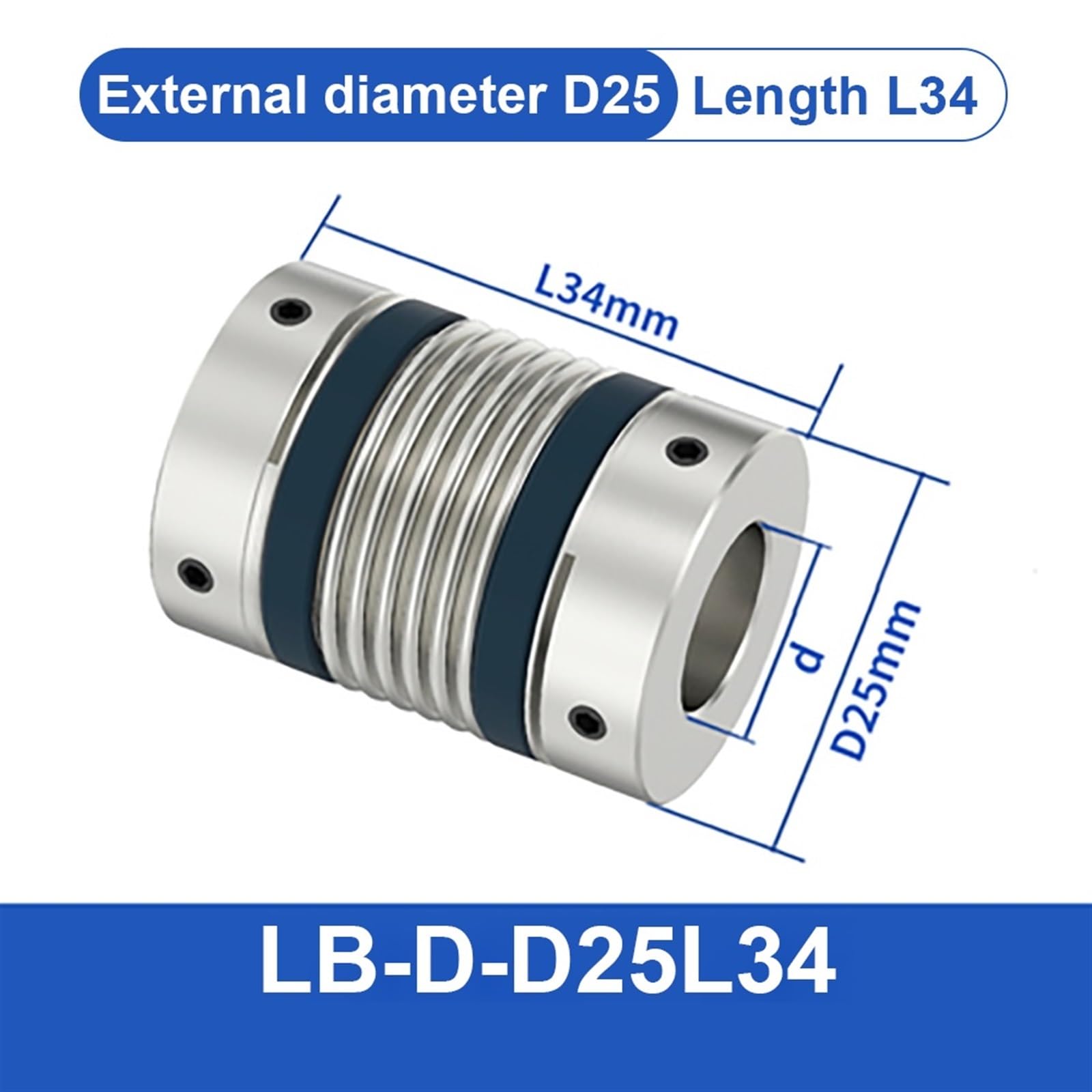 Accoppiamento albero LB D25L34/38, accoppiatore motore flessibile a soffietto, in alluminio, ad alta elasticità, guarnizione universale, stampante 3D, Cardan(LB-D-D25L34-5X5)